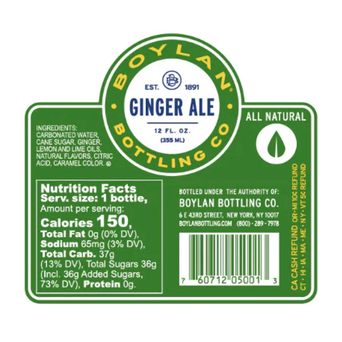 Boylan Ginger Ale Nutrition Label