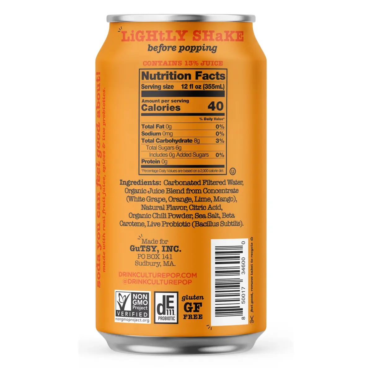 Culture Pop Orange Mango Probiotic Soda Nutrition Label