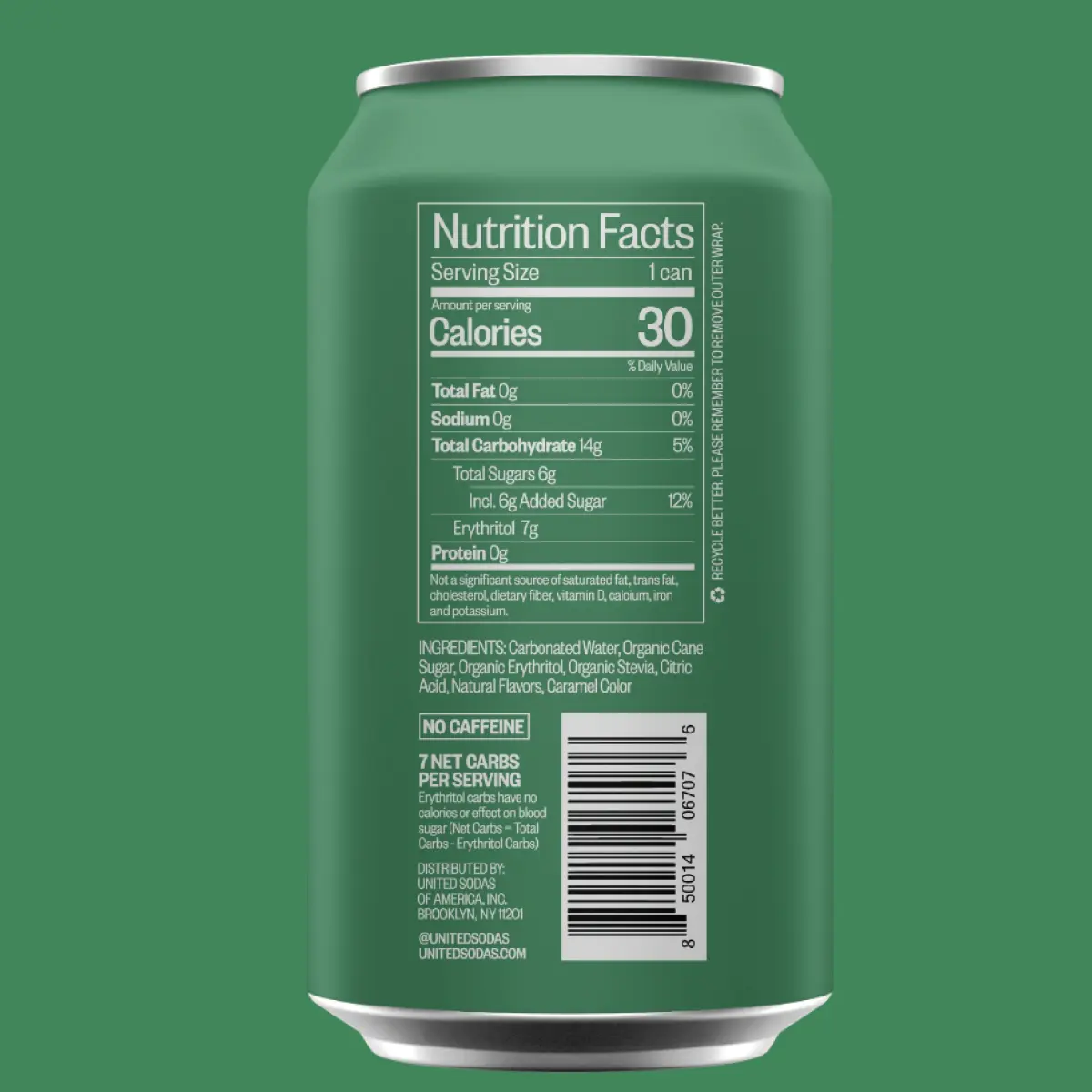 United Sodas Gingery Ale Nutrition Label